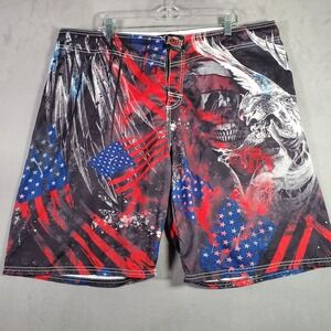 MMA Elite Board Shorts Mens XL Red Black‎ USA Flag Skull Graphic Patriotic Beach